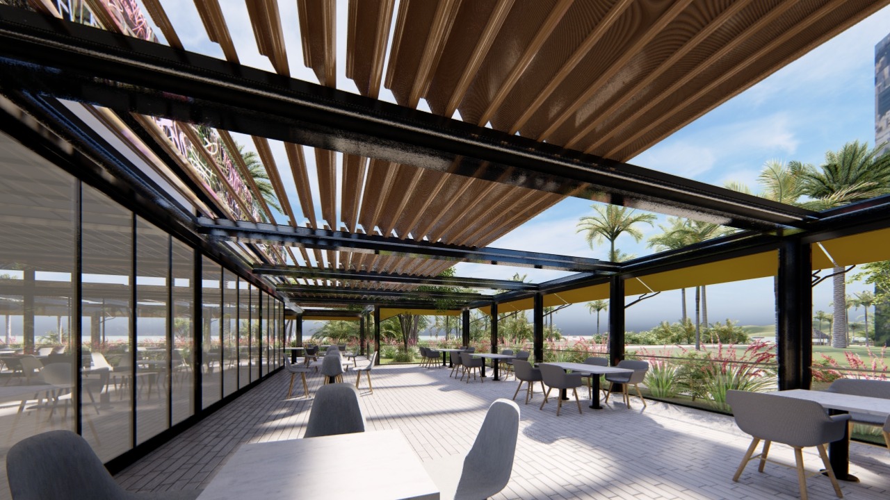 Louvered roof over a dining terrace