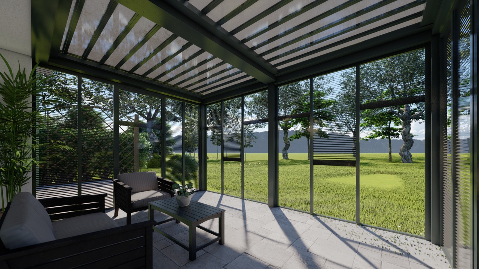 Green-framed glass garden room