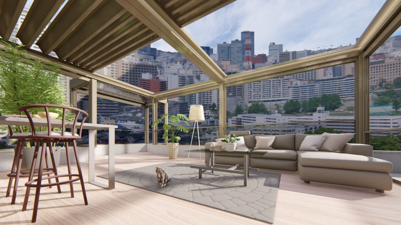 Bronze-framed bioclimatic pergola on a city rooftop