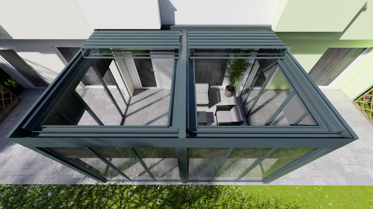 Aerial view of a glass-enclosed bioclimatic pergola